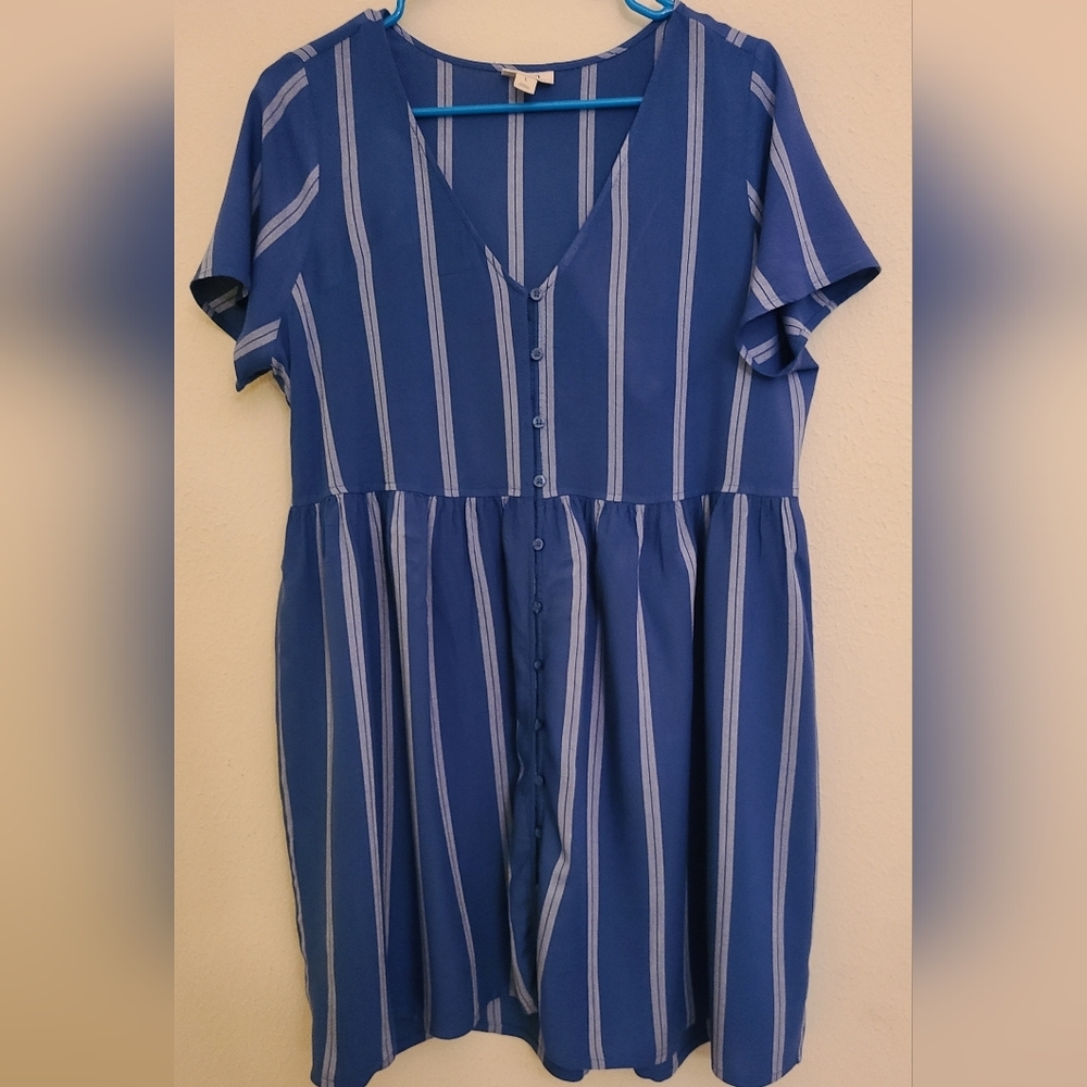 ANA Women's Casual Blue Striped Short Sleeve Dress - Size Large / Pre-owned
